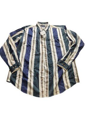 Vintage 90s Streetwear Mens XLT Blue Green Striped Denim Button Down Shirt